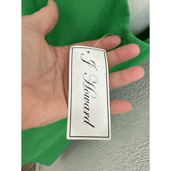 Linen Cocktail Formal Dress Midi Green Gold Embroidered Size 14 Zipper Back Rare - Picture 9 of 14